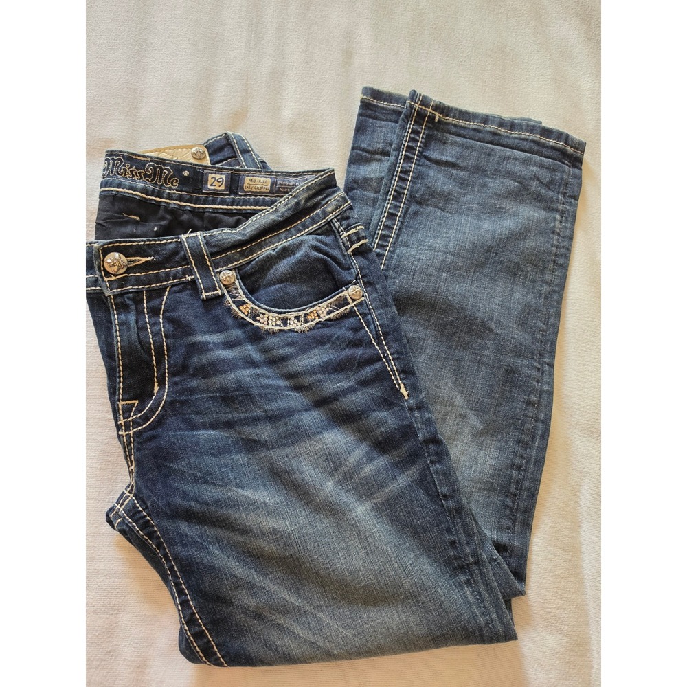 Miss Me Mid-Rise Easy Cropped Jeans Dark Wash Embellished Rhinestone Size 29